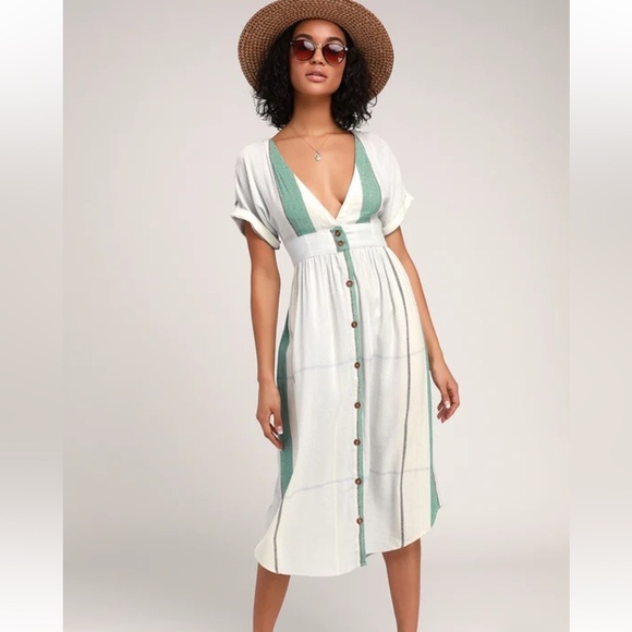 O'Neill Reid-Light Blue Multi Stripe Midi Dress Medium NEW - Picture 1 of 10